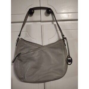 Michael Kors Pebbled Leather Hobo Bag Silver-Toned Hardware Logo Charm Gray